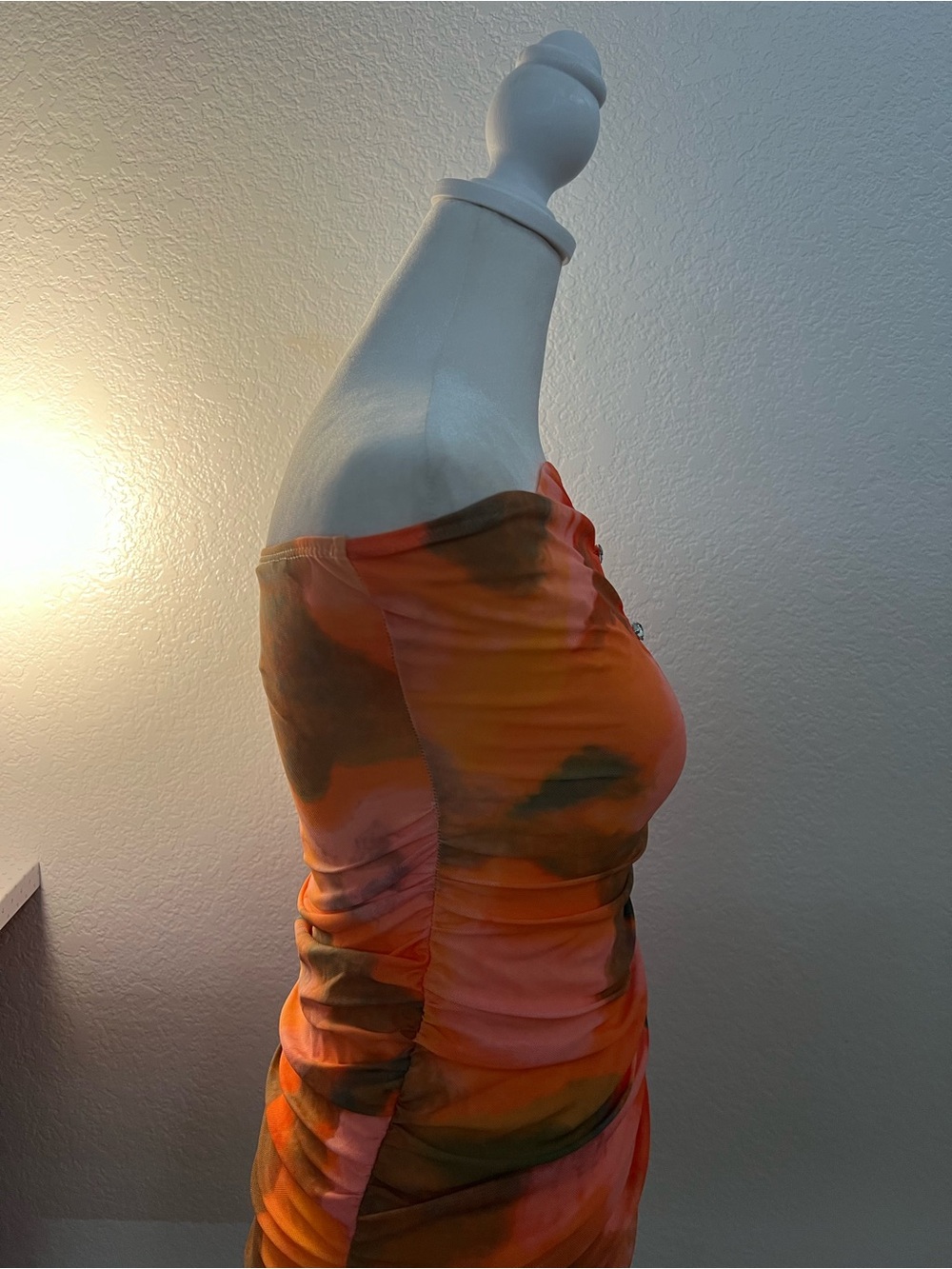 Orange Abstract Mesh Mini Dress Ruched Strapless Heart Cutout Y2K Party XS - Picture 3 of 5